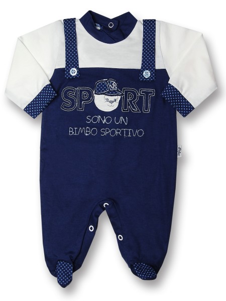 Tutina neonato sono un bimbo sportivo, 100% cotone, con salopette con bottoncini Blu Taglia 6-9 mesi