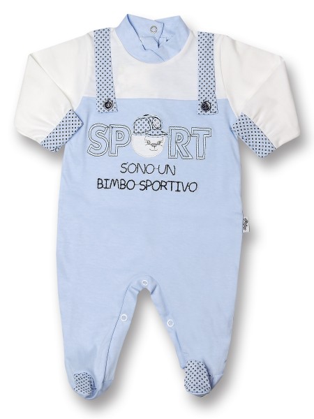 Tutina neonato sono un bimbo sportivo, 100% cotone, con salopette con bottoncini Celeste Taglia 6-9 mesi