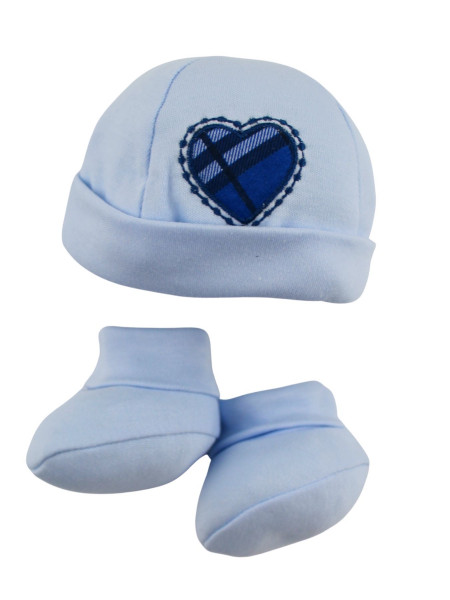 cappello e scarpine caldo cotone cuore scozzese  Celeste Taglia unica